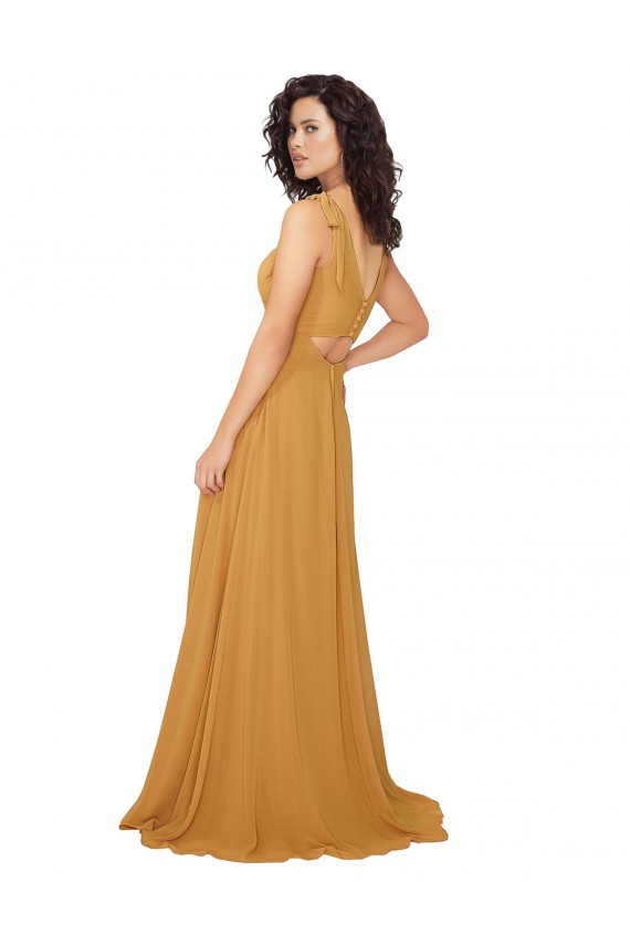 Soft Chiffon V-Neck Sleeveless Keyhole Back Saffron Long Bridesmaid Dress Kent