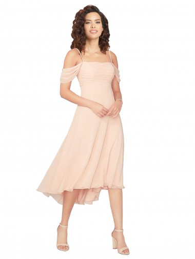 Soft Chiffon Square Neck Cold Shoulder Low Back Midi Length High Low Bridesmaid Dress Kent