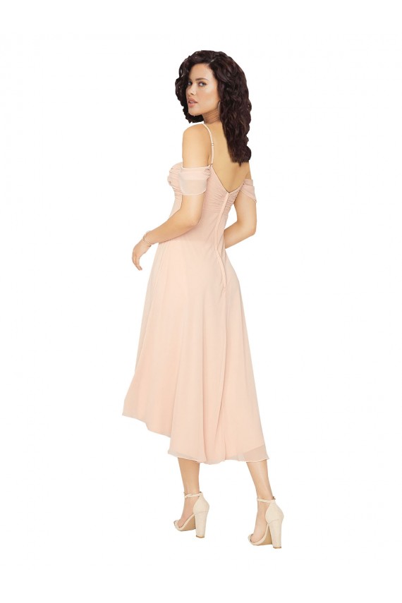 Soft Chiffon Square Neck Cold Shoulder Low Back Midi Length High Low Bridesmaid Dress Kent