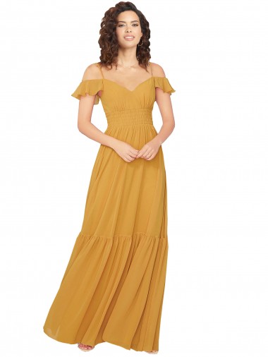 Soft Chiffon V-Neck Cold Shoulder Keyhole Back Long Bridesmaid Dress Kent