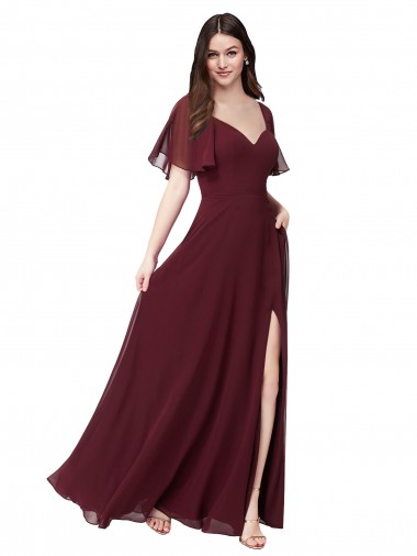 Soft Chiffon Sweetheart Short Flutter Sleeves Keyhole Back Long Formal Dress / Bridesmaid Dress Kent
