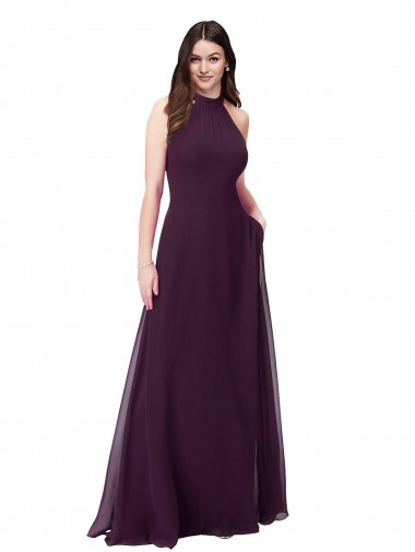 Soft Chiffon Halter Neck Sleeveless Keyhole Back Grape Long Bridesmaid Dress Kent