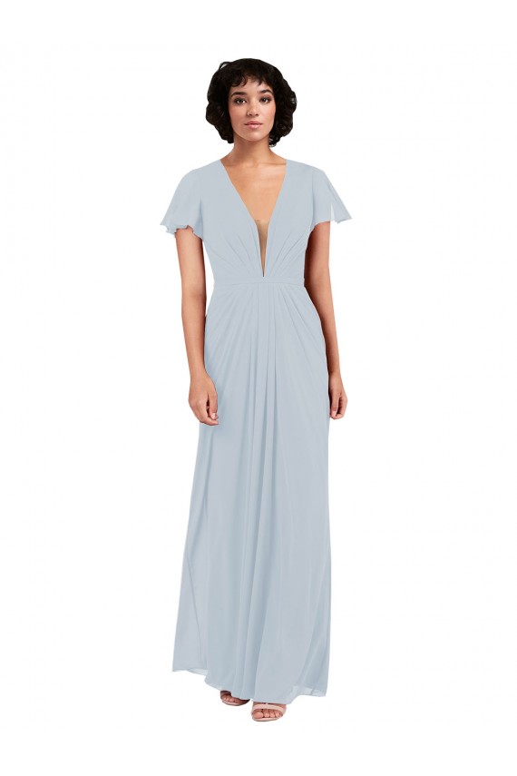 Soft Chiffon V-Neck Cap Sleeves Long Bridesmaid Dress / Formal Dress Kent