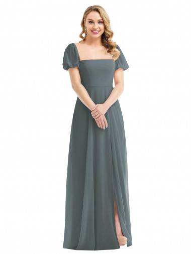 Soft Chiffon Square Neck Puff Sleeves Long Semi Formal Evening Dress / Bridesmaid Dress Kent