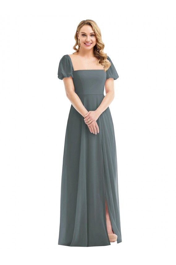 Soft Chiffon Square Neck Puff Sleeves Long Semi Formal Evening Dress / Bridesmaid Dress Kent