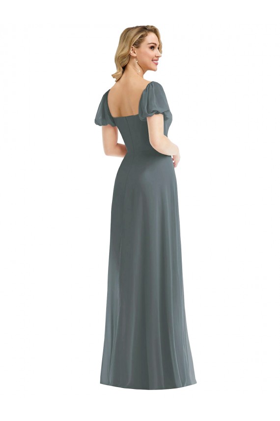 Soft Chiffon Square Neck Puff Sleeves Long Semi Formal Evening Dress / Bridesmaid Dress Kent