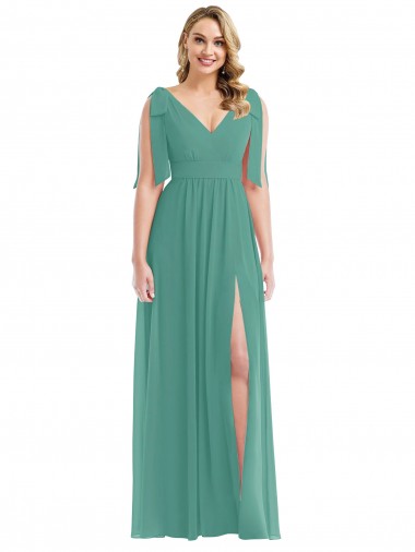 Soft Chiffon V-Neck Sleeveless V-Back Icelandic Silver Long Semi Formal Evening Dress / Bridesmaid Dress Kent