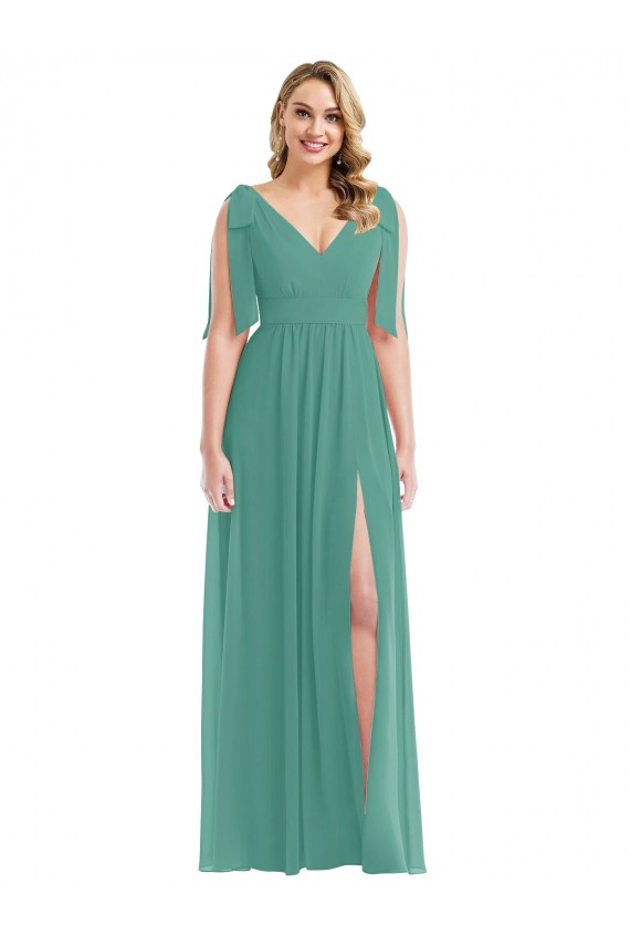 Soft Chiffon V-Neck Sleeveless V-Back Icelandic Silver Long Semi Formal Evening Dress / Bridesmaid Dress Kent