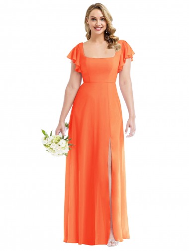 Soft Chiffon Square Neck Flutter Sleeves Open Back Long Semi Formal Evening Dress / Bridesmaid Dress Kent
