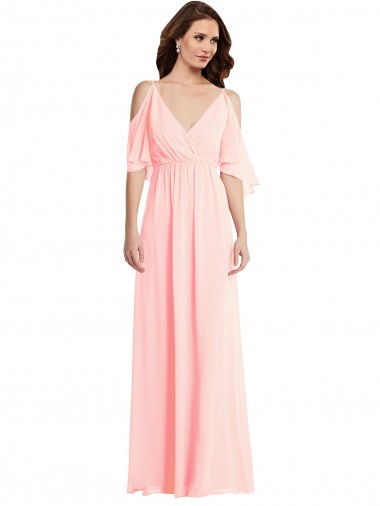 Soft Chiffon V-Neck Cold Shoulder V-Back Long Semi Formal Evening Dress / Bridesmaid Dress Kent