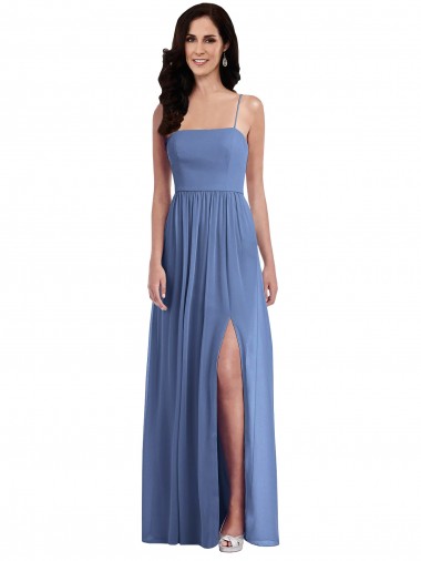 Soft Chiffon Spaghetti Straps Sleeveless Low Back Windsor Blue Long Semi Formal Evening Dress / Bridesmaid Dress Kent
