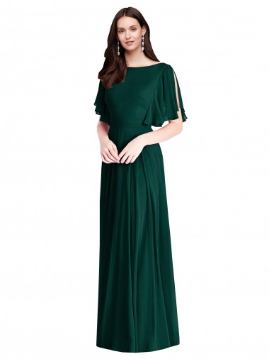 Soft Chiffon Bateau Neck Bell Sleeves V-Back Long Semi Formal Evening Dress / Bridesmaid Dress Kent