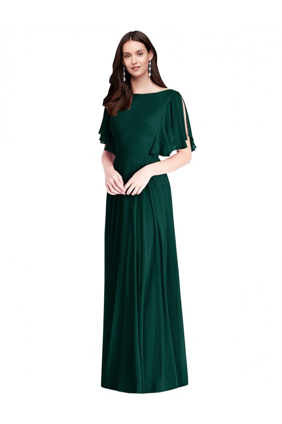Soft Chiffon Bateau Neck Bell Sleeves V-Back Long Semi Formal Evening Dress / Bridesmaid Dress Kent