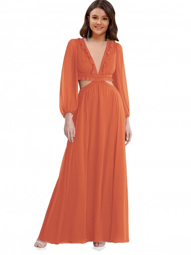 Soft Chiffon V-Neck Long Sleeves Open Back Long High Low Evening Gown / Bridesmaid Dress Kent