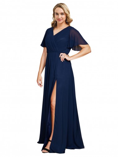Soft Chiffon V-Neck Short Flutter Sleeves Long Formal Plus Size Evening Gown / Prom Dress / Bridesmaid Dress Kent