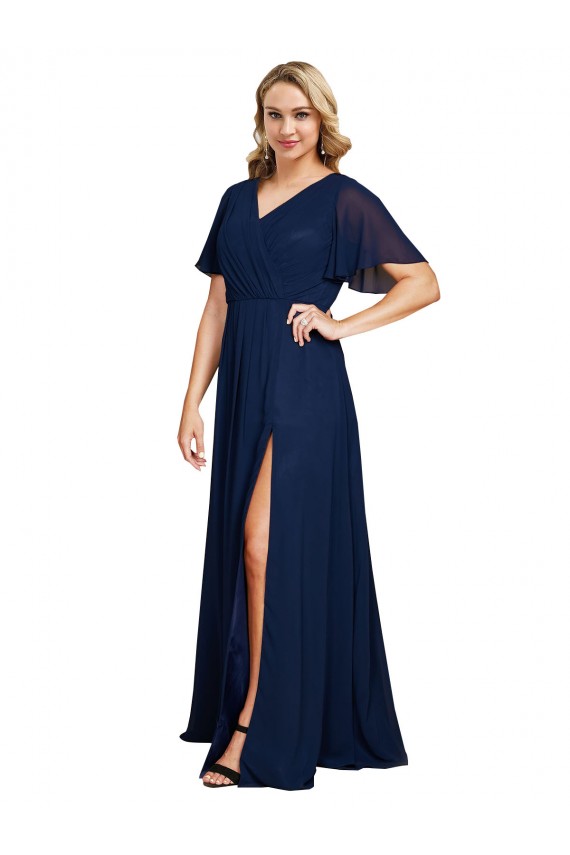 Soft Chiffon V-Neck Short Flutter Sleeves Long Formal Plus Size Evening Gown / Prom Dress / Bridesmaid Dress Kent