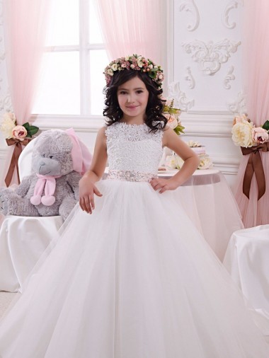 Tulle & Lace Bateau Neck Sleeveless V-Back Chapel Train Flower Girl Dress Kent