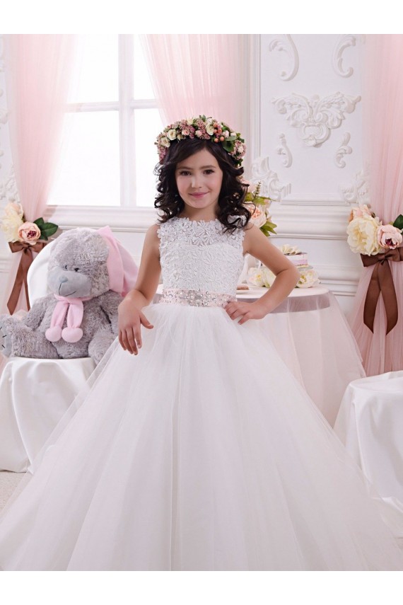 Tulle & Lace Bateau Neck Sleeveless V-Back Chapel Train Flower Girl Dress Kent