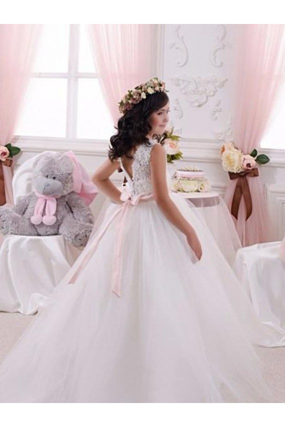 Tulle & Lace Bateau Neck Sleeveless V-Back Chapel Train Flower Girl Dress Kent