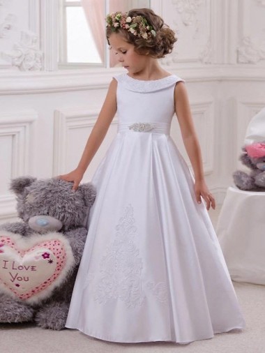 Satin & Lace Bateau Neck Sleeveless Long Flower Girl Dresses Kent