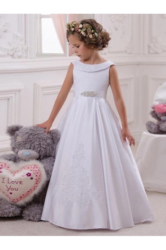 Satin & Lace Bateau Neck Sleeveless Long Flower Girl Dresses Kent