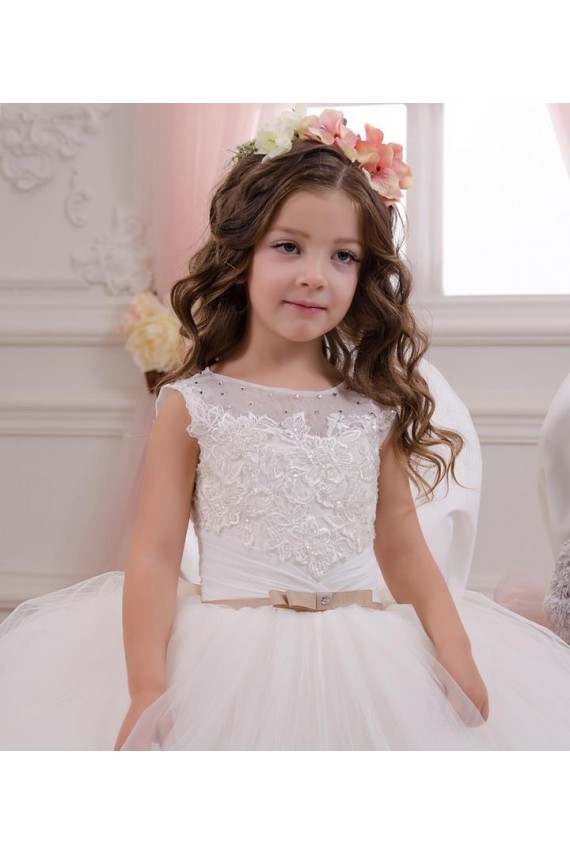Tulle & Lace Bateau Neck Sleeveless Chapel Train Flower Girl Wedding Dress Kent