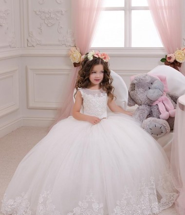 Tulle & Lace Bateau Neck Sleeveless Chapel Train Flower Girl Wedding Dress Kent