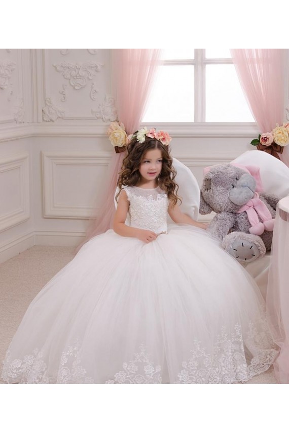Tulle & Lace Bateau Neck Sleeveless Chapel Train Flower Girl Wedding Dress Kent