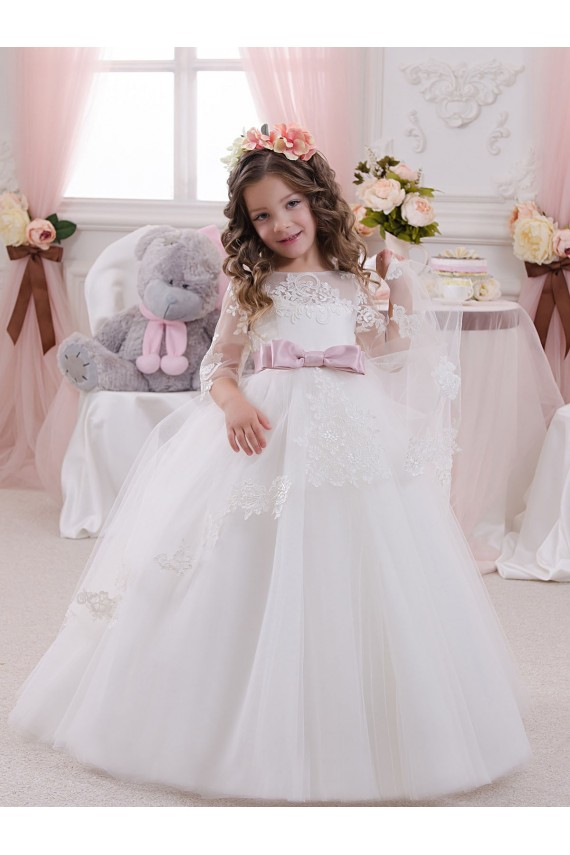 Tulle & Lace Bateau Neck Sleeveless Chapel Train Flower Girl Dress Kent