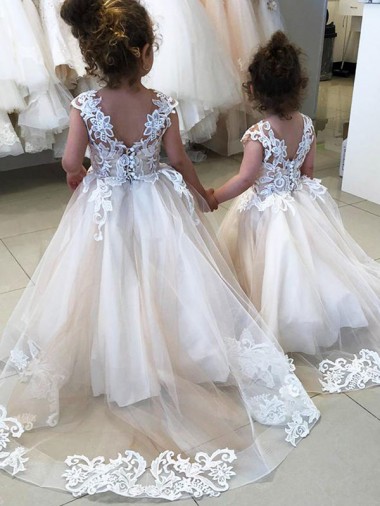 Tulle & Lace Bateau Neck Sleeveless V-Back Chapel Train Little Flower Girl Dress Kent