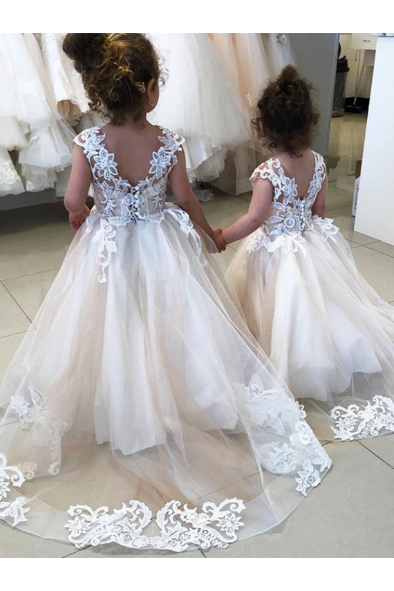 Tulle & Lace Bateau Neck Sleeveless V-Back Chapel Train Little Flower Girl Dress Kent