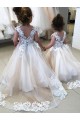 Tulle & Lace Bateau Neck Sleeveless V-Back Chapel Train Little Flower Girl Dress Kent