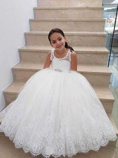 Tulle & Lace High Neck Sleeveless Keyhole Back Long Flower Girl Dress for Wedding Kent
