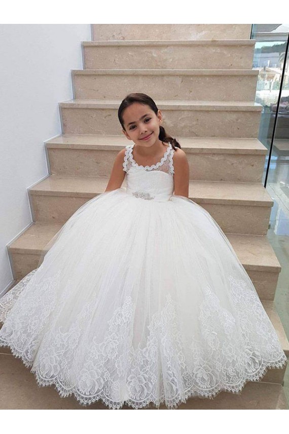 Tulle & Lace High Neck Sleeveless Keyhole Back Long Flower Girl Dress for Wedding Kent