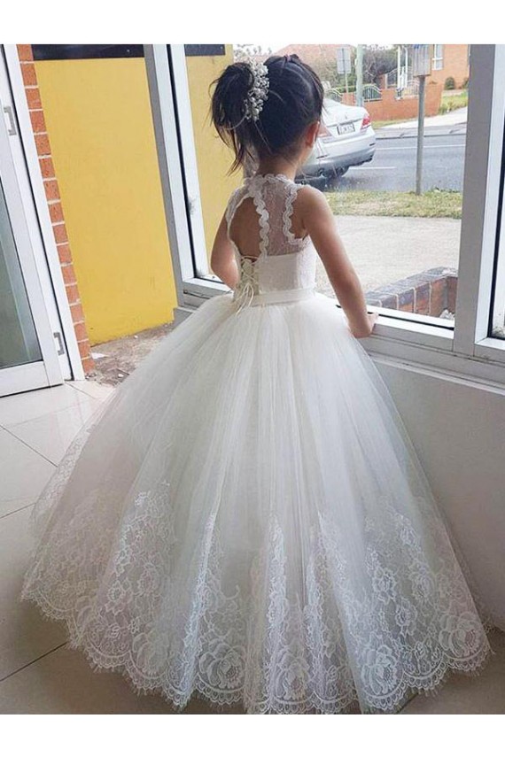 Tulle & Lace High Neck Sleeveless Keyhole Back Long Flower Girl Dress for Wedding Kent