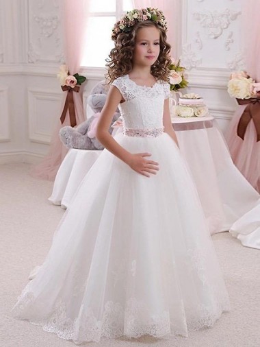 Tulle & Lace High Neck Cap Sleeves Keyhole Back Long Flower Girl Dress Kent