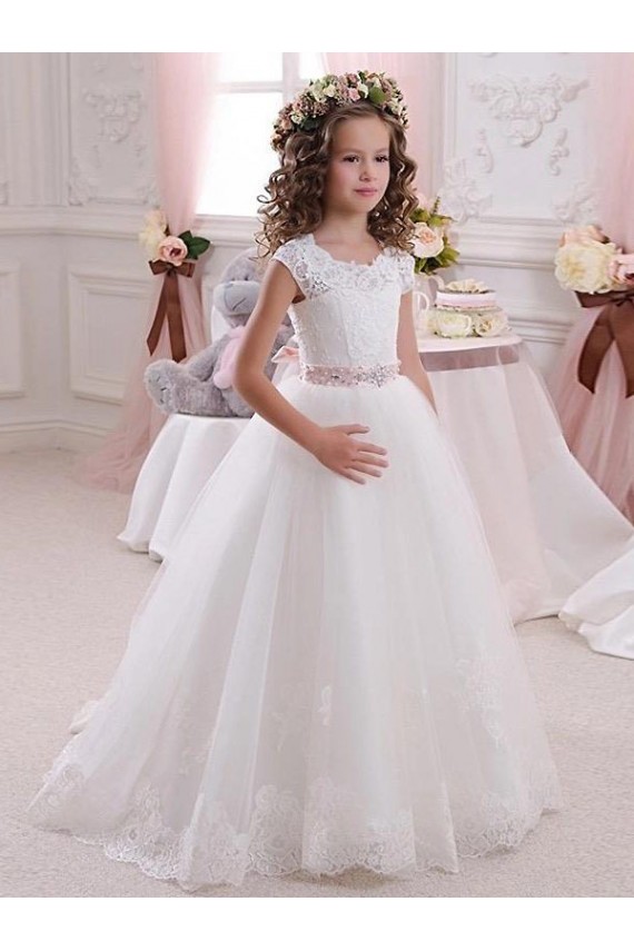 Tulle & Lace High Neck Cap Sleeves Keyhole Back Long Flower Girl Dress Kent