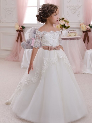 Tulle & Lace High Neck Short Sleeves Keyhole Back Long Flower Girl Dresses Kent