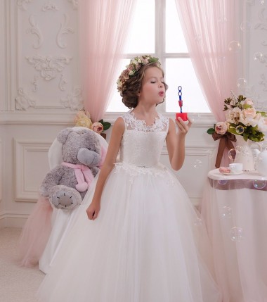 Tulle & Lace High Neck Sleeveless Keyhole Back Long Little Flower Girl Dresses Kent