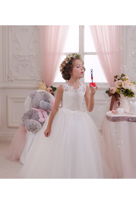 Tulle & Lace High Neck Sleeveless Keyhole Back Long Little Flower Girl Dresses Kent