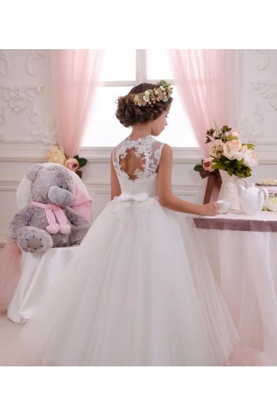 Tulle & Lace High Neck Sleeveless Keyhole Back Long Little Flower Girl Dresses Kent