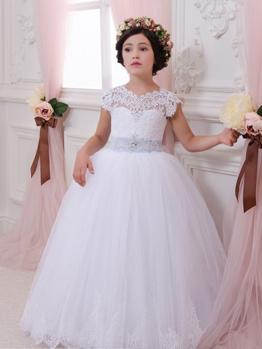 Tulle & Lace Sweetheart Cap Sleeves Chapel Train Flower Girl Dresses Kent