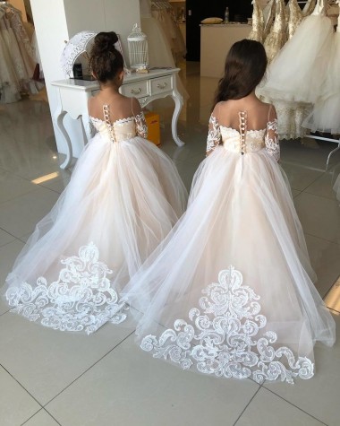 Tulle & Lace Sweetheart Long Sleeves Chapel Train Little Flower Girl Dress Kent