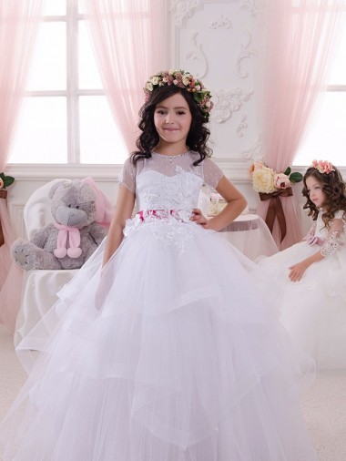 Tulle & Lace Sweetheart Short Sleeves Long Little Flower Girl Dress Kent
