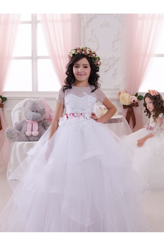 Tulle & Lace Sweetheart Short Sleeves Long Little Flower Girl Dress Kent