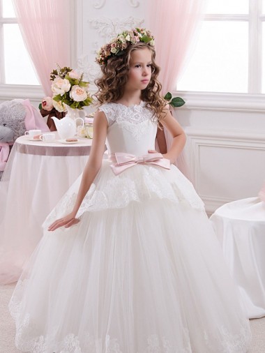 Tulle & Lace Sweetheart Sleeveless V-Back Chapel Train Flower Girl Dress for Wedding Kent