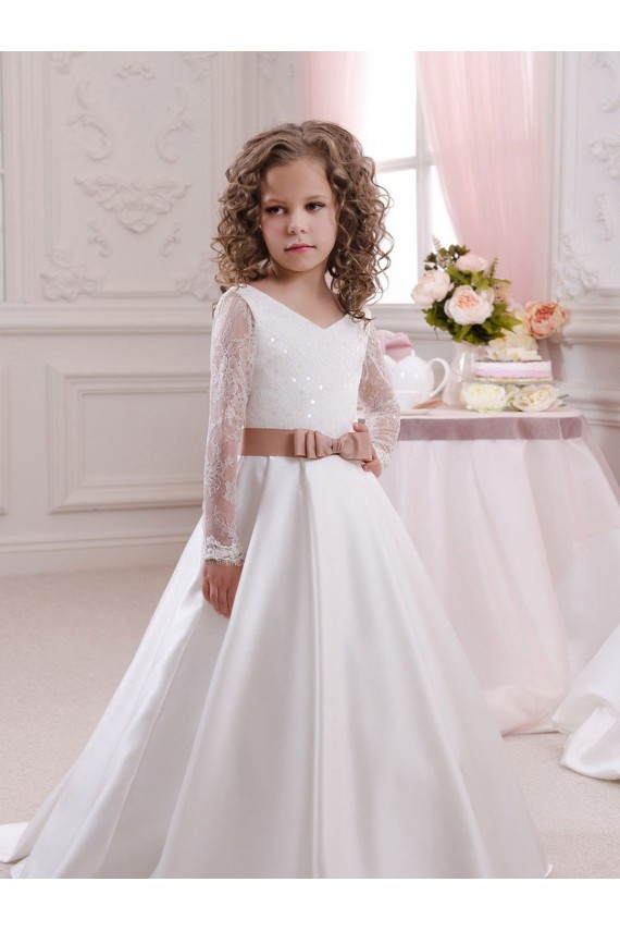 Satin & Lace V-Neck Long Sleeves Chapel Train Flower Girl Dress Kent