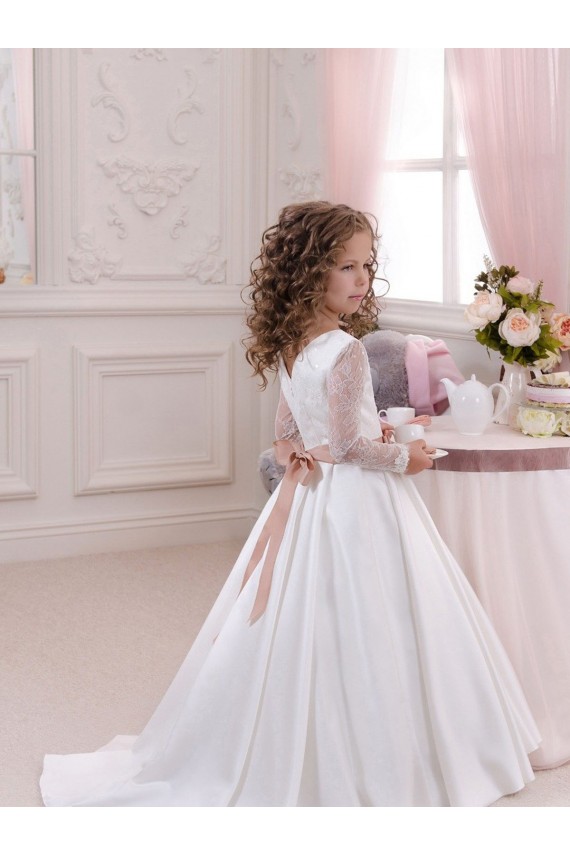 Satin & Lace V-Neck Long Sleeves Chapel Train Flower Girl Dress Kent