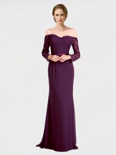 Soft Chiffon & Lace Off the Shoulder Long Sleeves Low Back Long Bridesmaid Dress Kent