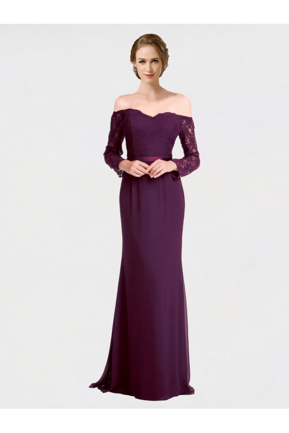 Soft Chiffon & Lace Off the Shoulder Long Sleeves Low Back Long Bridesmaid Dress Kent